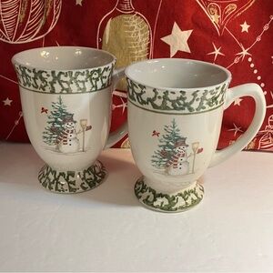 We Can Build a Snowman Pedestal Coffee Mug Set of 2 Vintage Christmas Winter